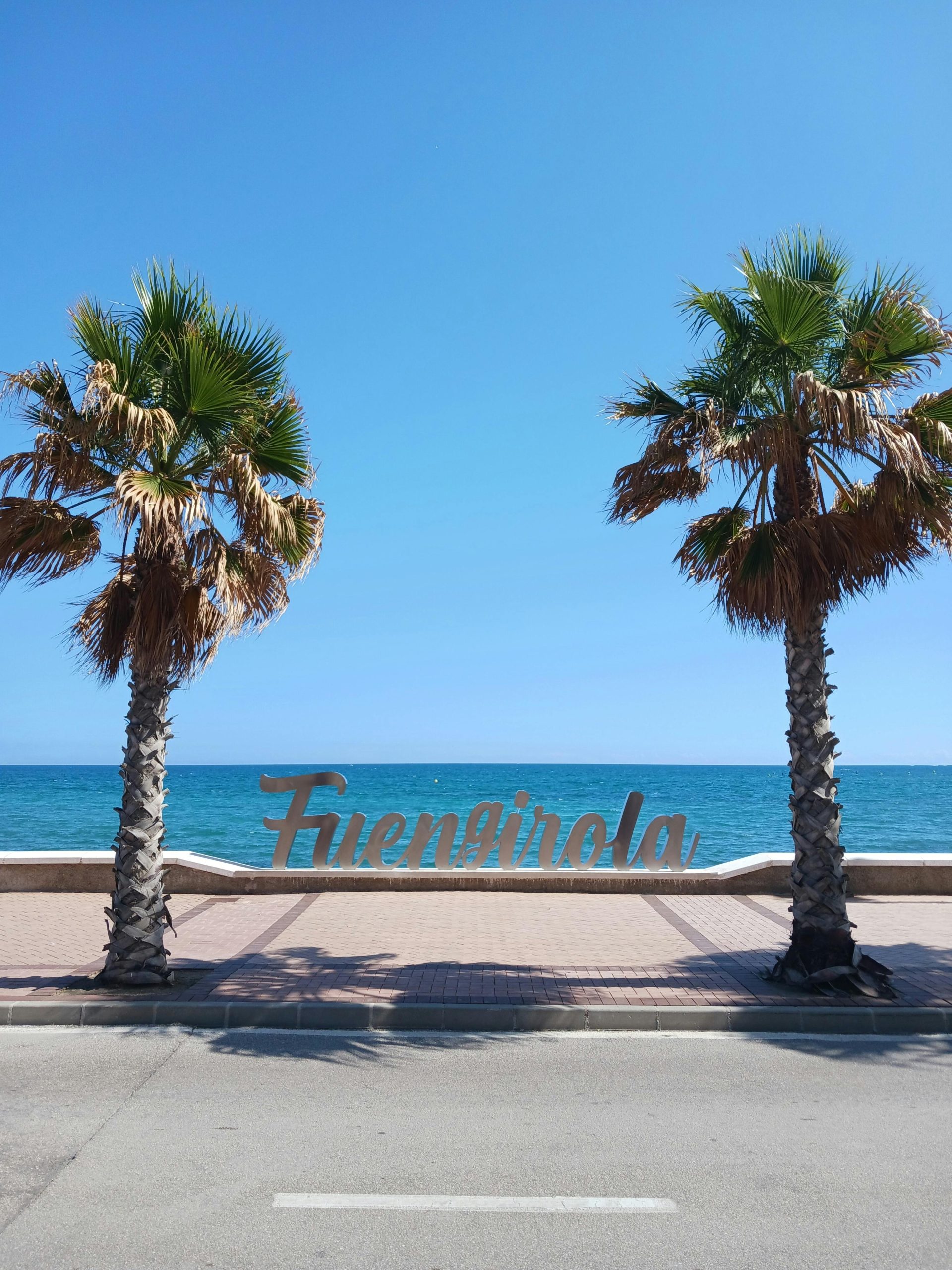 Serene view of Fuengirola seafront with palm trees and ocean under a clear blue sky.